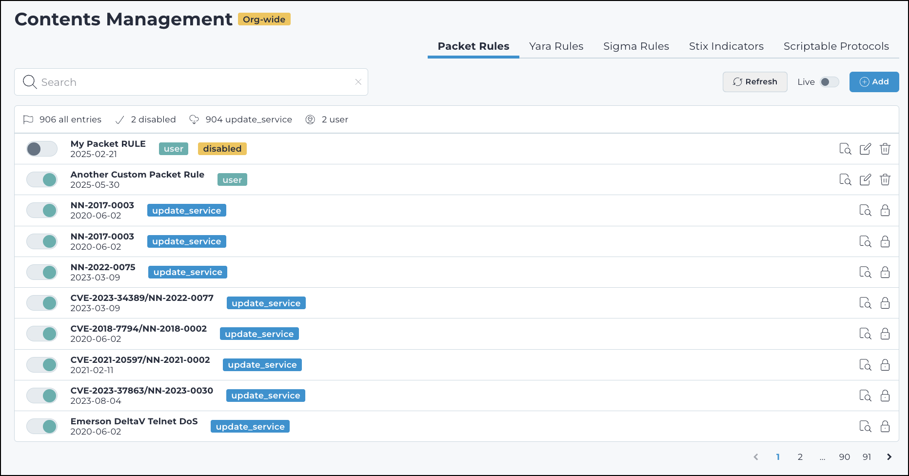 Screenshot of the Packet Rules page with options to add, enable, or disable packet detection rules.