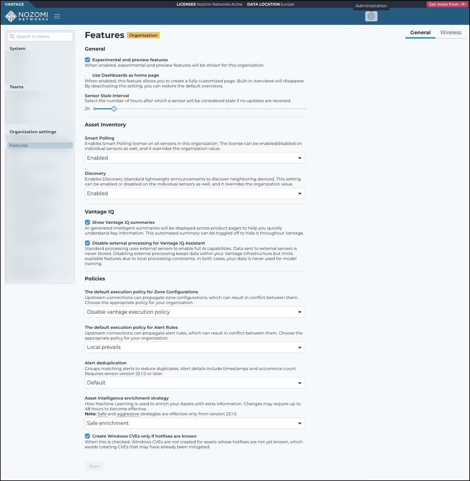 Screenshot of the Features page in Vantage showing organization-wide configuration options for experimental features, dashboard behavior, sensor stale intervals, Smart Polling, discovery settings, execution policies, alert deduplication, enrichment strategies, and Common Vulnerabilities and Exposures filtering