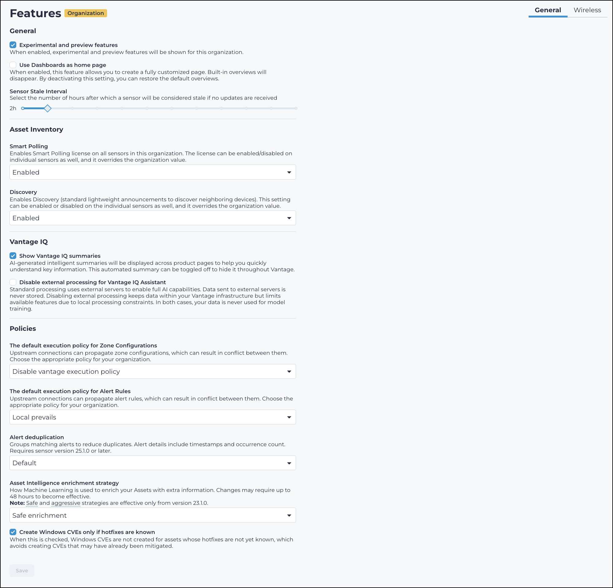 Screenshot of the Features page in Vantage showing organization-wide configuration options for experimental features, dashboard behavior, sensor stale intervals, Smart Polling, discovery settings, execution policies, alert deduplication, enrichment strategies, and Common Vulnerabilities and Exposures filtering