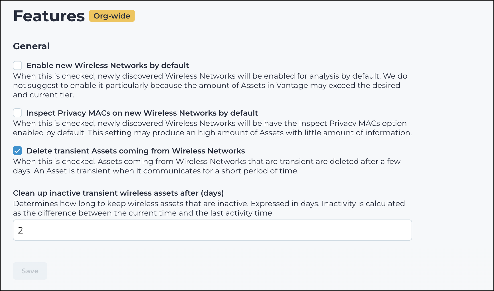 Screenshot of the Wireless features configuration page in Vantage showing options to enable new wireless networks, inspect privacy MACs, delete transient assets, and clean up inactive assets after a specified number of days.