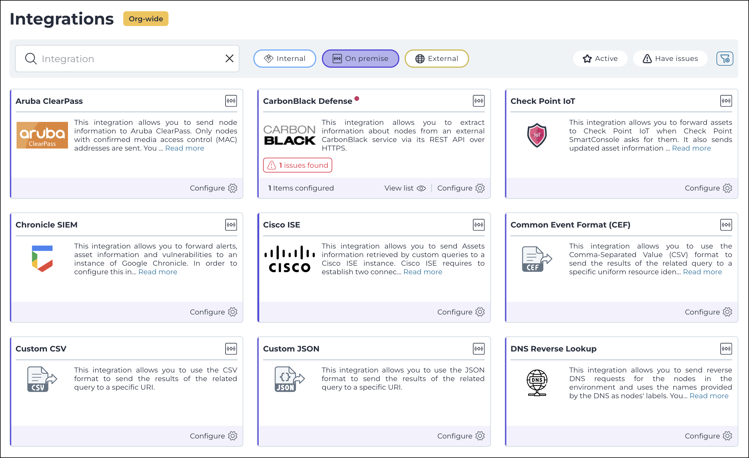 On premise integrations page