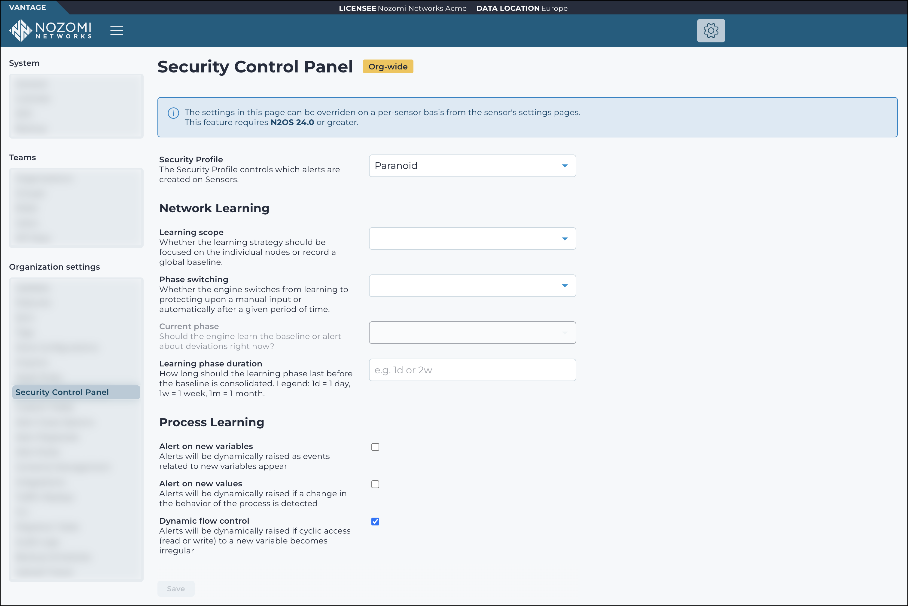 Screenshot of the Security Control Panel page showing security profile settings.