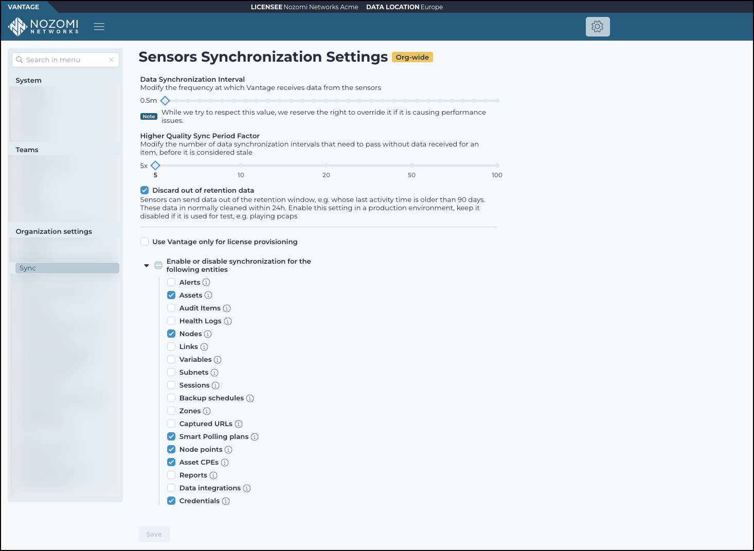 Sensor synchronization configuration screen showing data sync interval, stale data factor, retention settings, and entity-specific sync toggles in Vantage