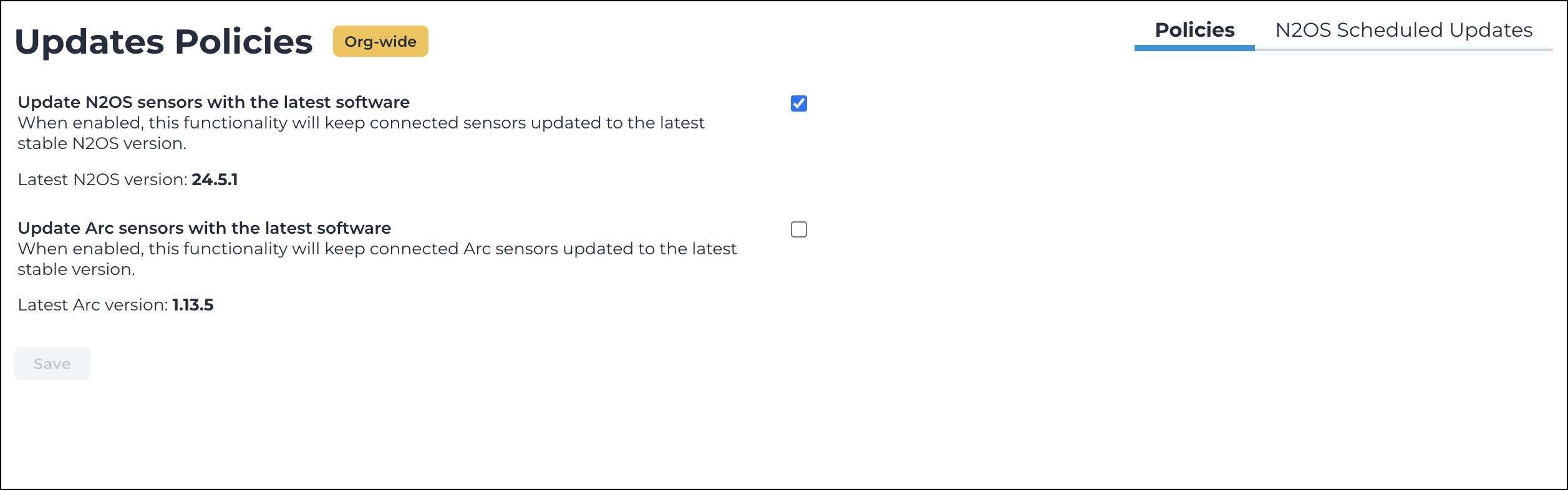 Screenshot of the Updates Policies page in the Vantage admin section, showing options to configure update policies for N2OS and Arc sensors.