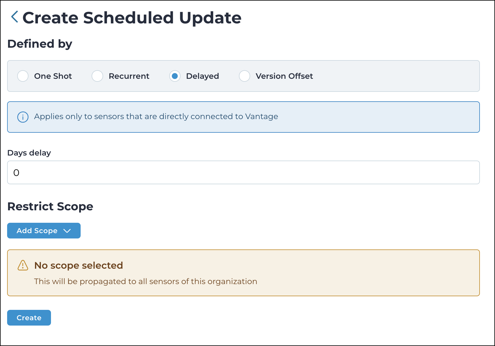 Screenshot of the Delayed update scheduling option on the N2OS Scheduled Updates page, showing settings to apply updates after a set delay period.