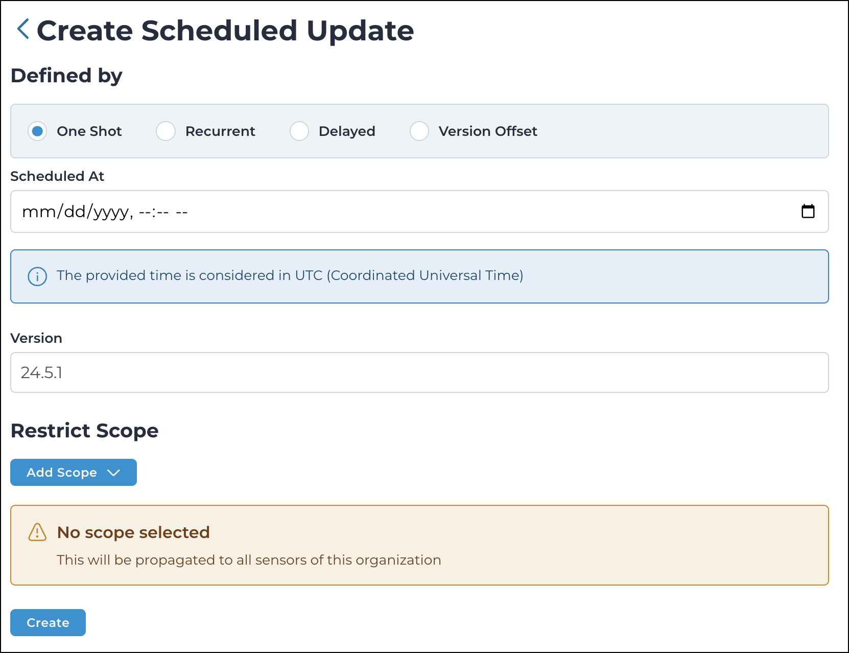 Screenshot of the One-Shot update scheduling option on the N2OS Scheduled Updates page, showing settings to apply updates at a specific time.