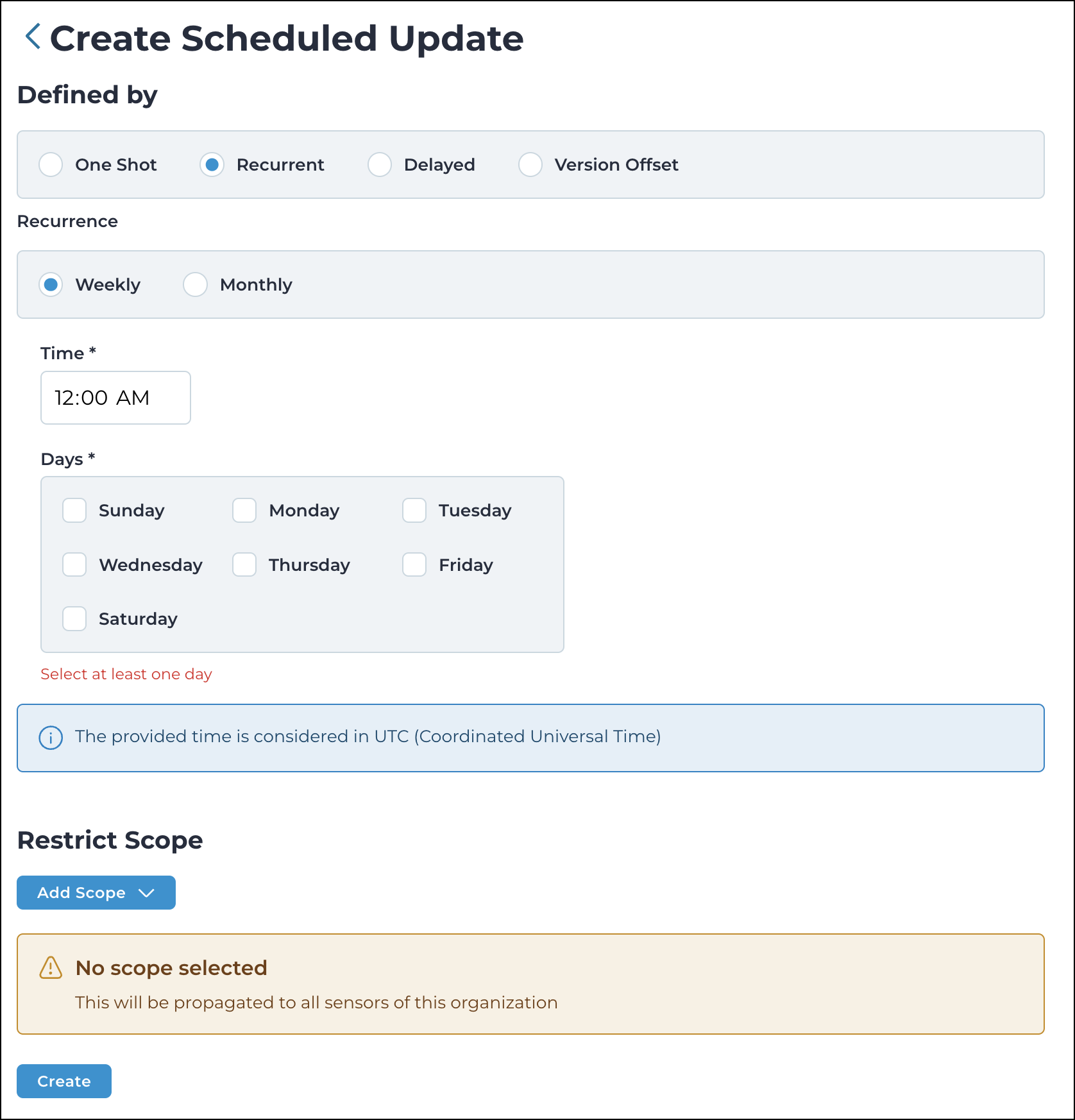 Screenshot of the Recurrent update scheduling option on the N2OS Scheduled Updates page, displaying settings to apply recurring updates at specified intervals.