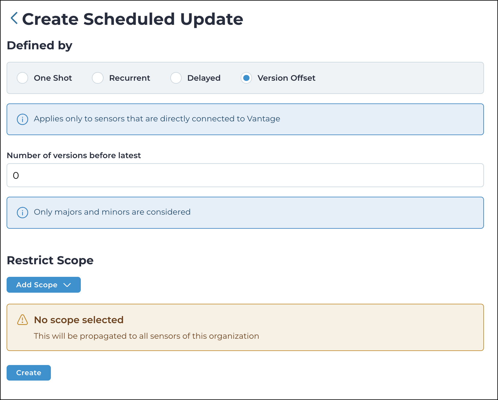 Screenshot of the Version Offset update scheduling option on the N2OS Scheduled Updates page, displaying controls for setting a delay between the release of a new version and its application to sensors.