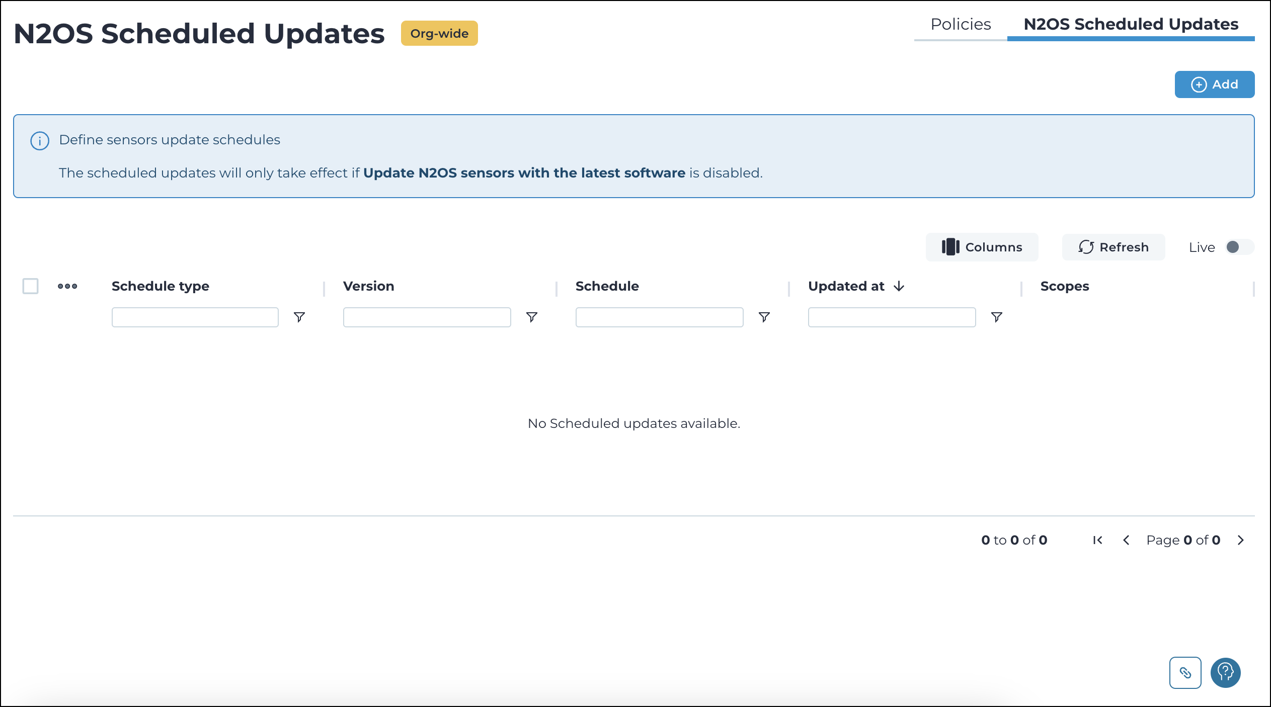 Screenshot of the N2OS Scheduled Updates page in the Vantage admin console, showing an Add button that lets you create a schedule.