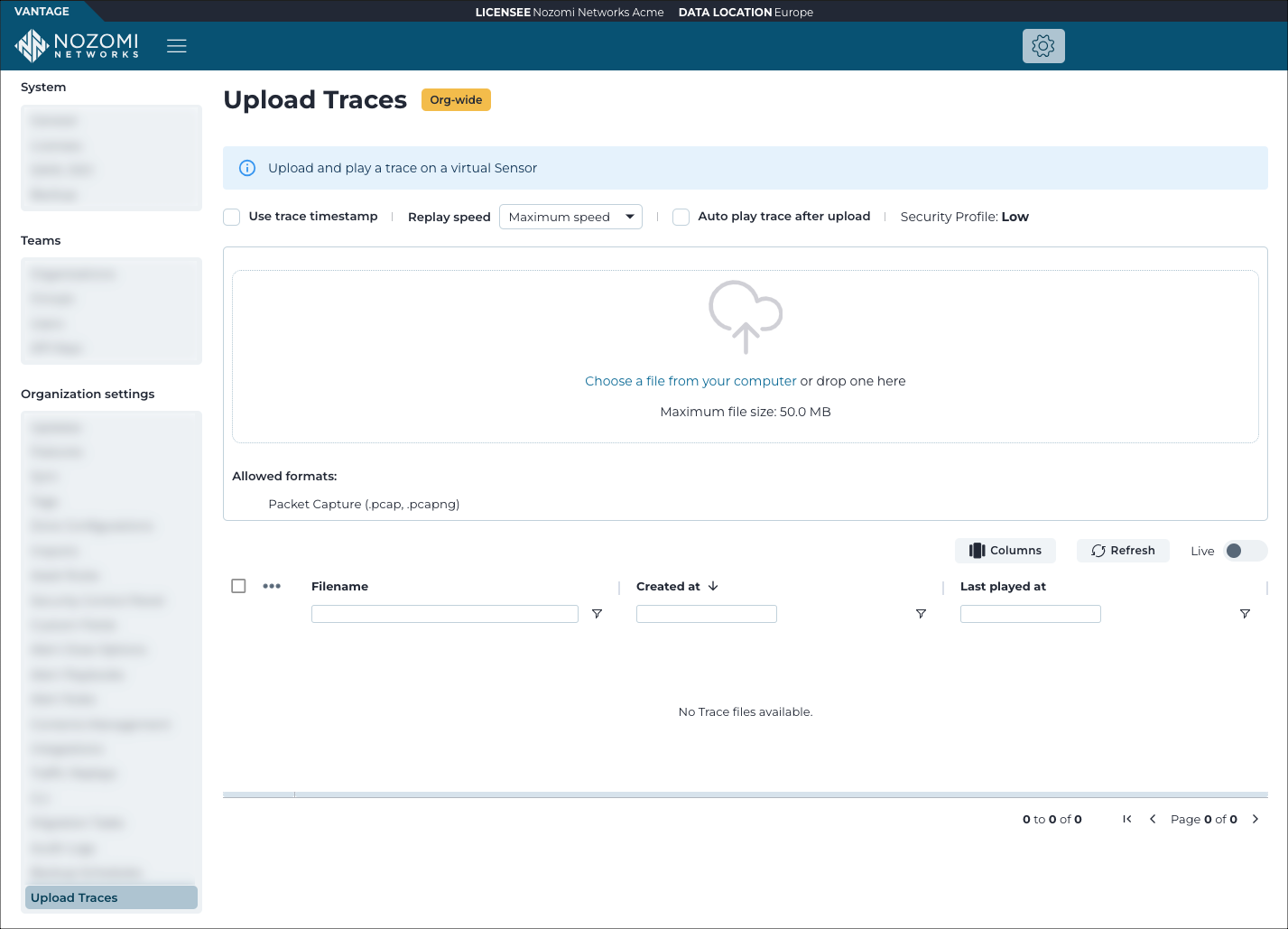 Upload Traces page for sending sensor trace files