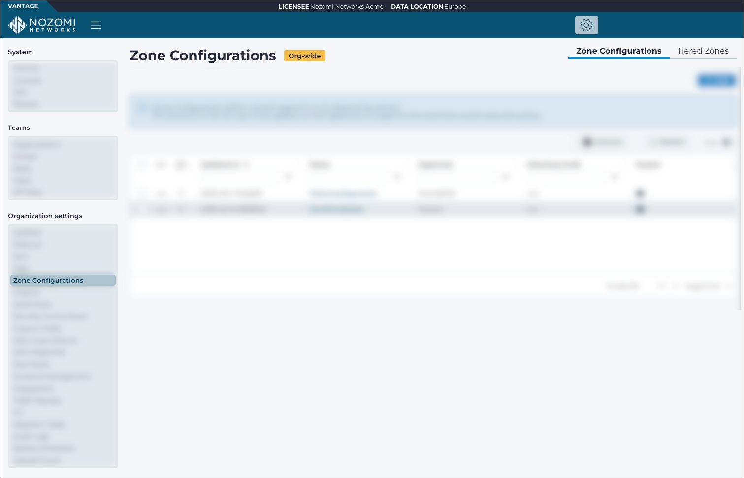 Screenshot of the Zone Configurations page showing tabs for Zone Configurations and Tiered Zones