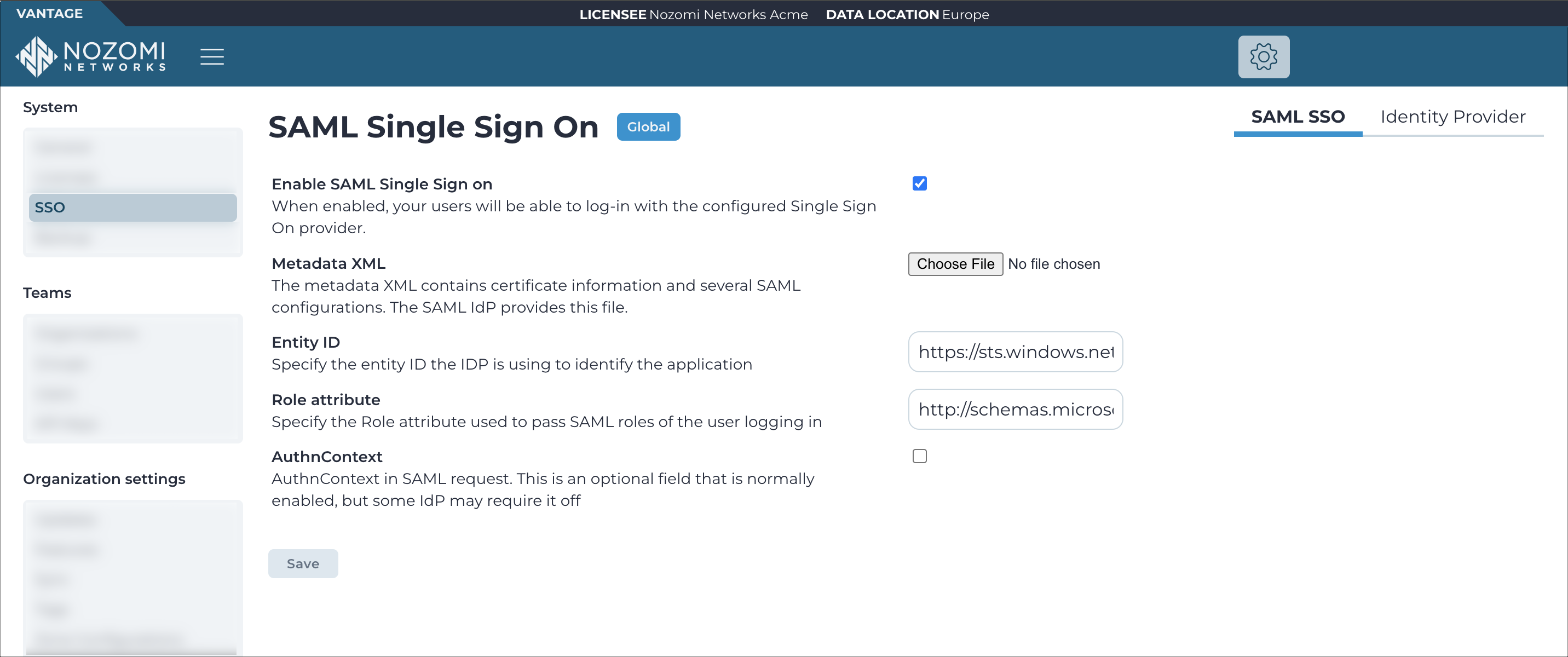 SAML SSO page