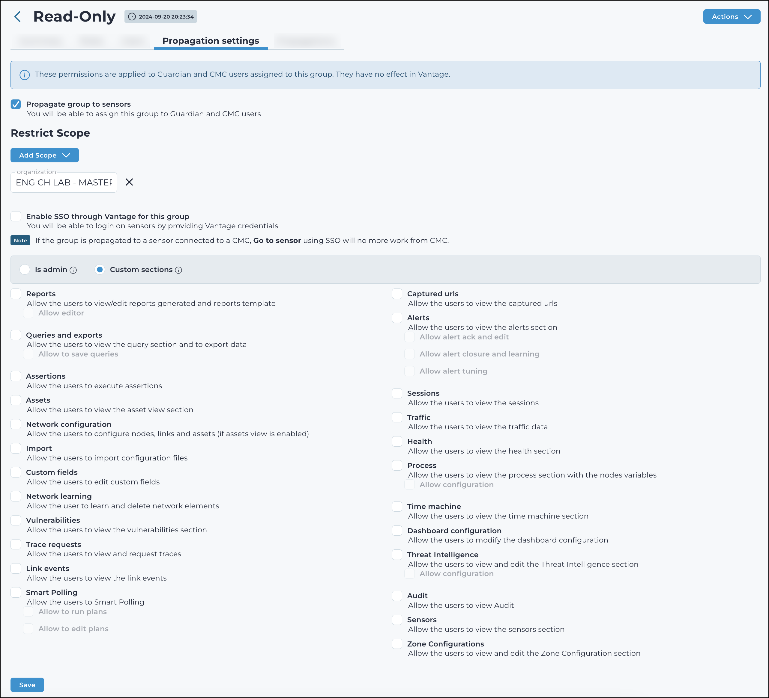 Screenshot of the Propagation settings page displaying the 'Custom sections' configuration, which allows administrators to define specific permissions for a group.