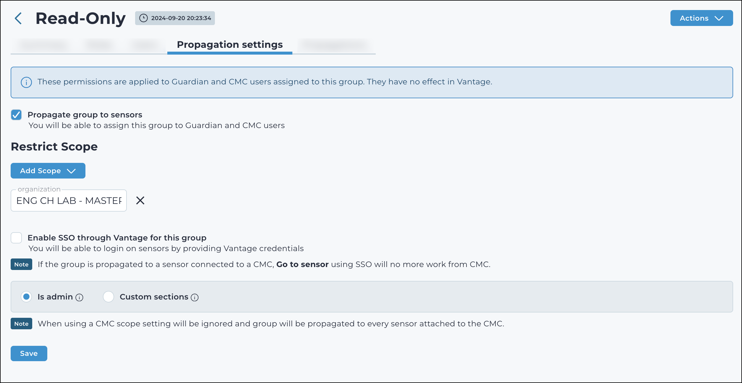 Screenshot of the Propagation settings page showing the 'Is admin' option, which grants full administrator privileges to users on connected sensors.