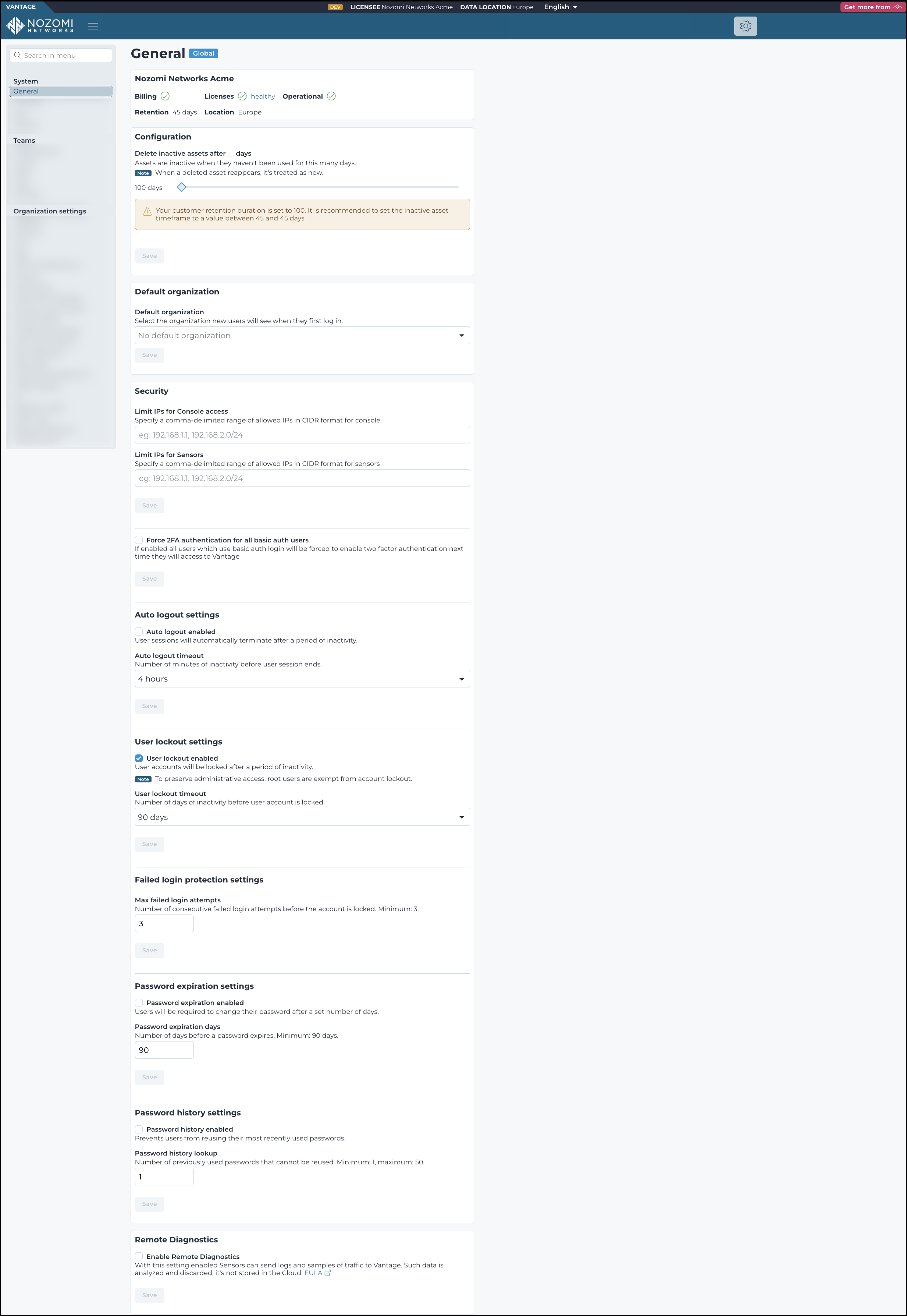 Screenshot of the General page with status bar, configuration settings for inactive assets, default organization settings, security settings for IP restrictions, auto logout settings, user lockout settings, failed login protection settings, password expiration settings, password history settings, and remote diagnostics options