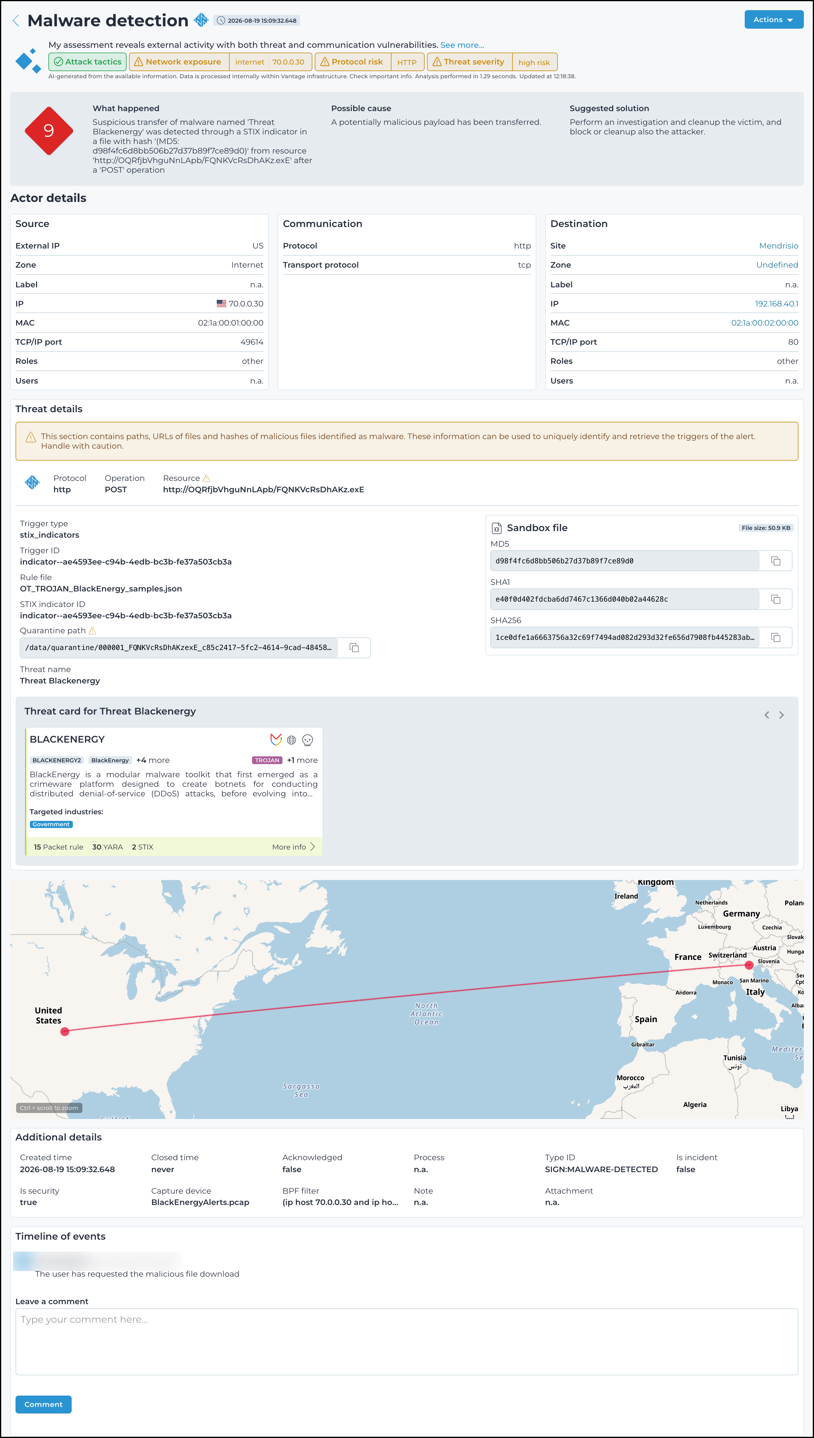 Screenshot of a details page showing source and destination details, physical alert graph, geographic map view, and additional metadata including event type, trigger, and capture device