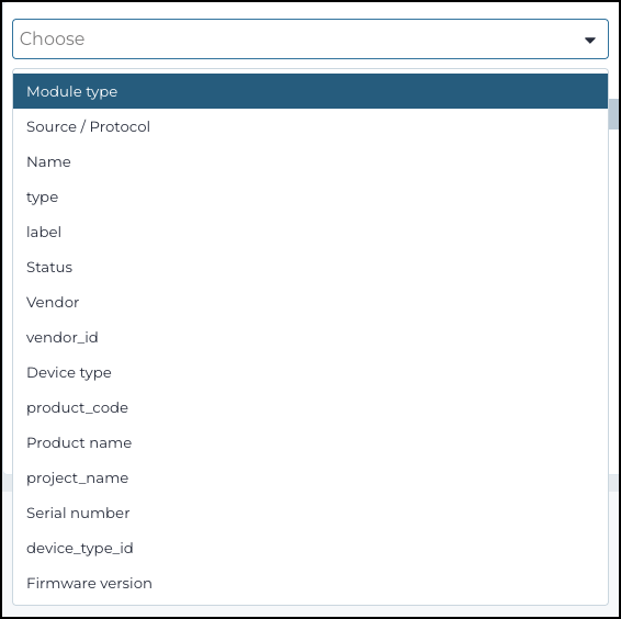 Dropdown menu listing available attributes such as module type, source, vendor, product name, and firmware version for filtering hardware components.