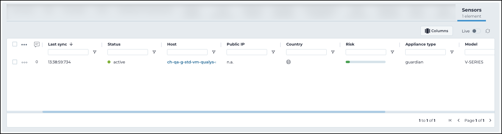 Sensors tab showing detected sensors with columns for last sync time, status, host, public IP, country, risk, appliance type, and model