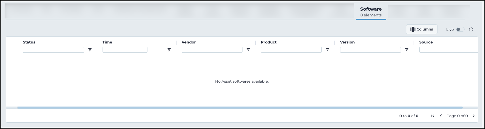 Software tab showing a table with status, time, vendor, product, version, and source columns with no detected software entries