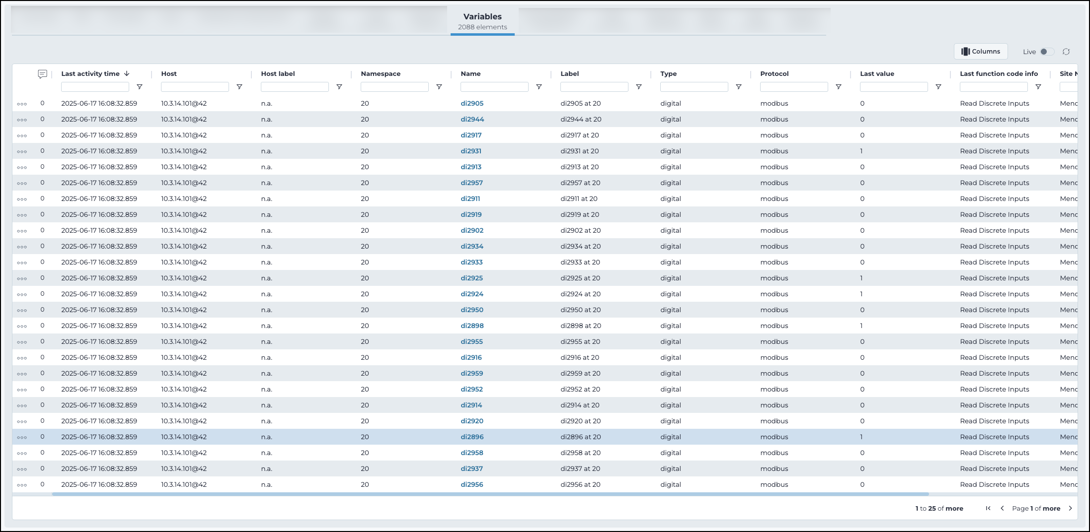 Variables tab showing a table with last activity time, host, namespace, name, label, type, protocol, last value, last function code, and site columns for detected industrial process variables