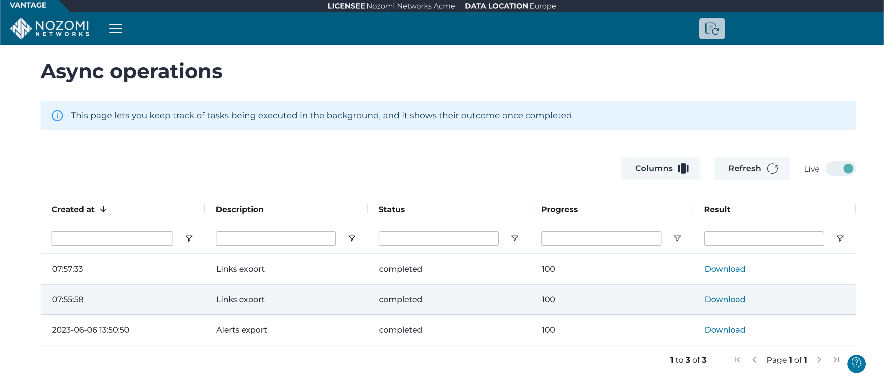 Table listing background tasks with status, progress, and download links on the Async operations page