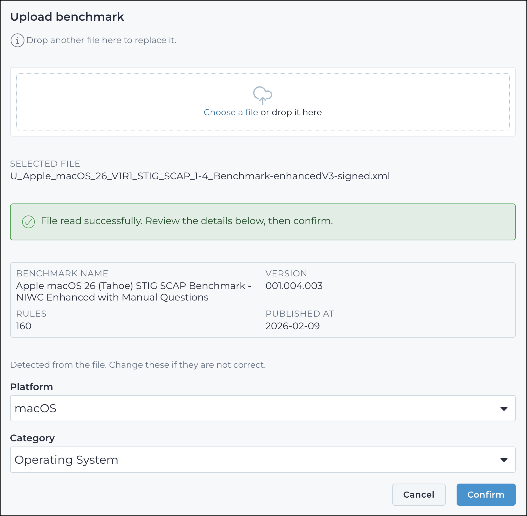 Upload benchmark dialog showing the detected benchmark details with the editable platform and category fields