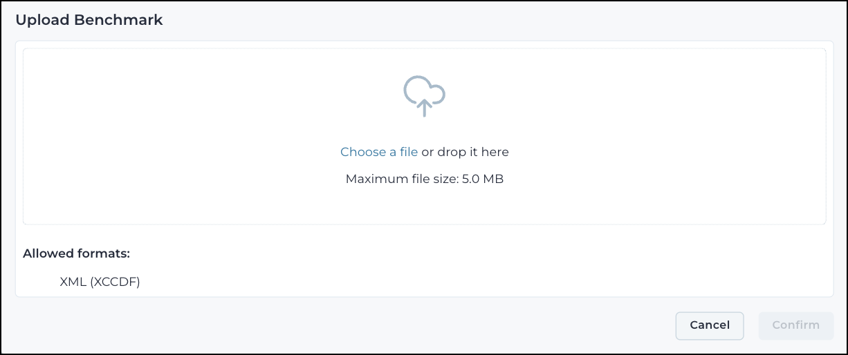 Upload benchmark dialog with a file drop area and maximum file size