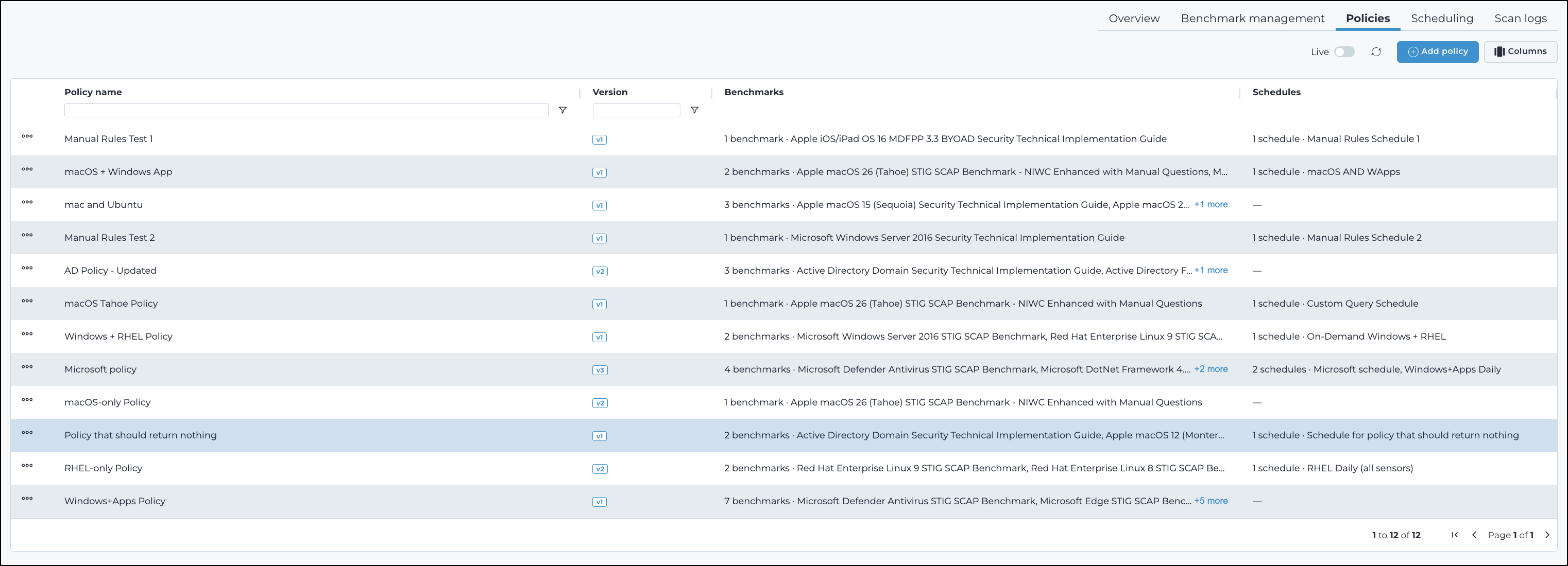 Policies page listing compliance policies
