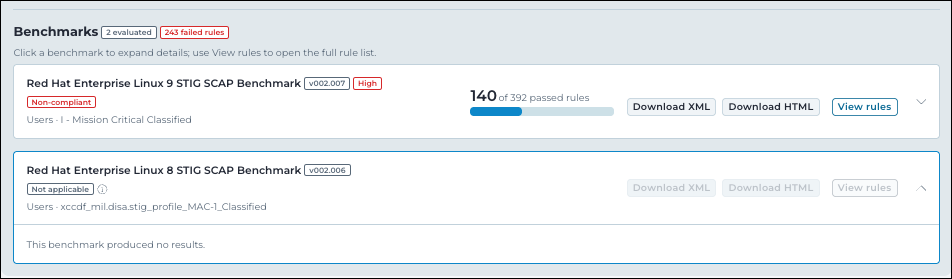 Expanded benchmark showing a not applicable status and a produced no results message
