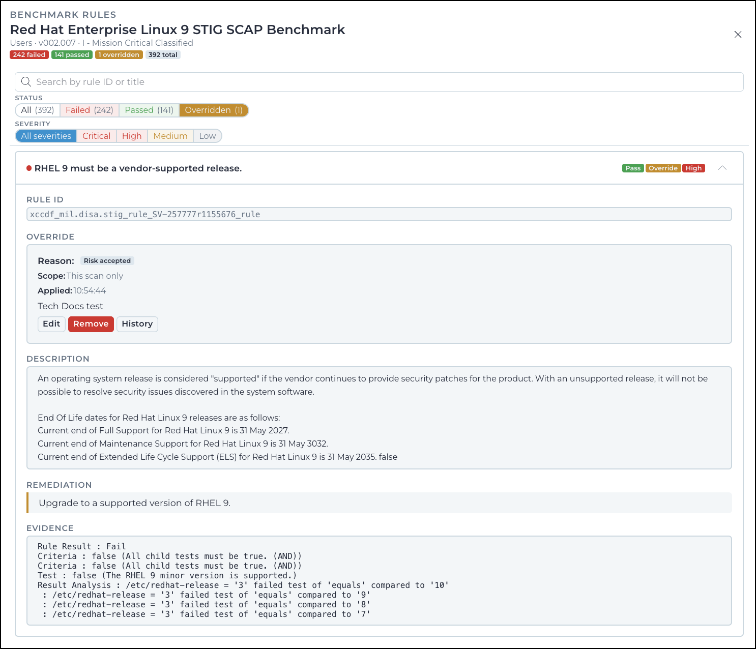 Expanded overridden rule showing reason scope applied timestamp and justification with edit remove and history actions