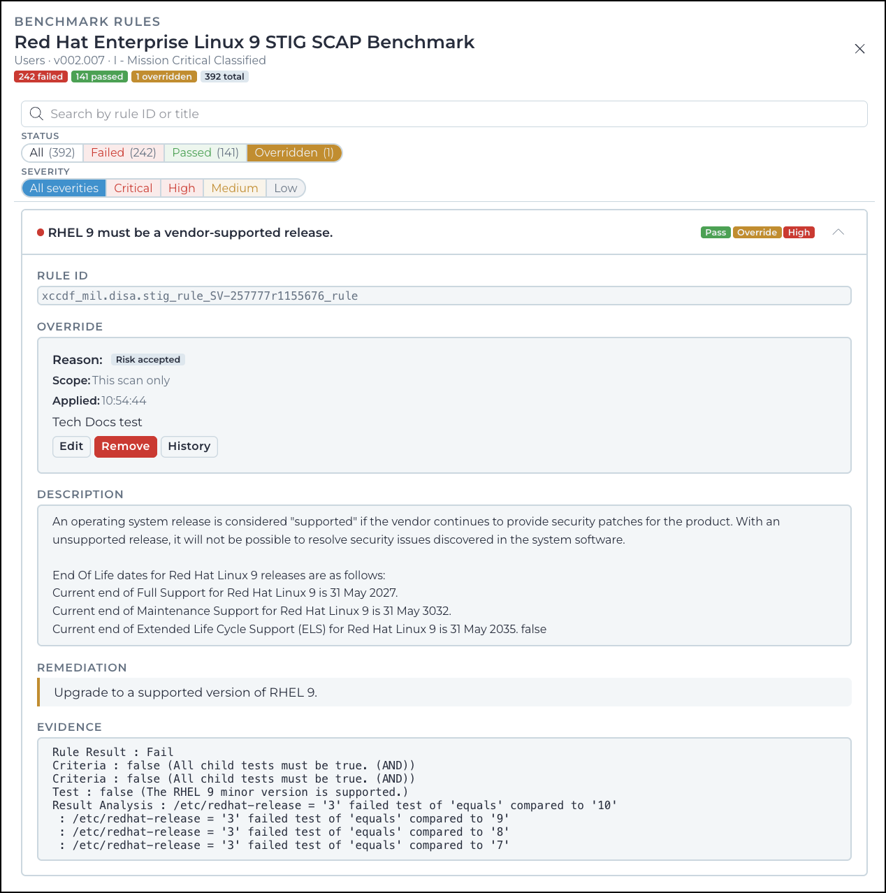 Expanded overridden rule with edit remove and history buttons in the override section