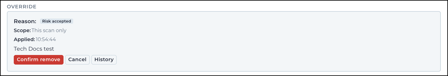 Override section showing confirm remove and cancel buttons in place of edit and remove