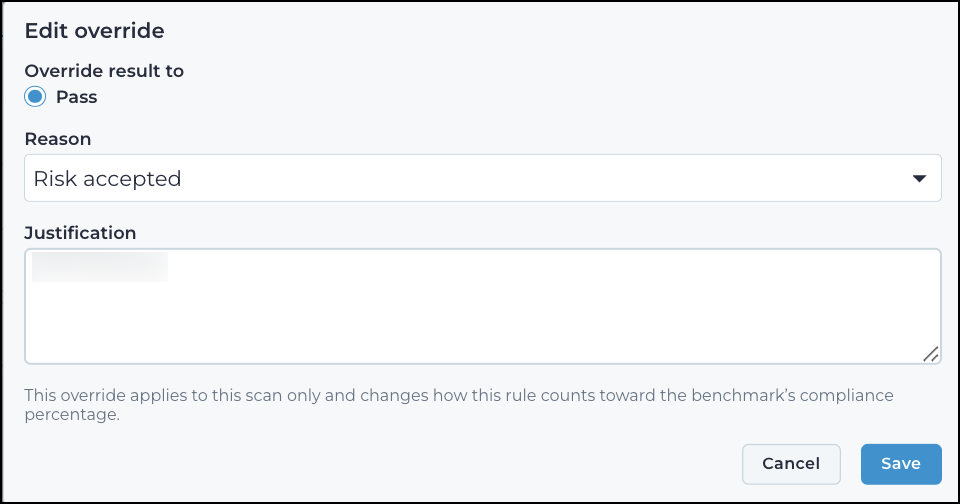 Edit override dialog pre-filled with the current target result reason and justification