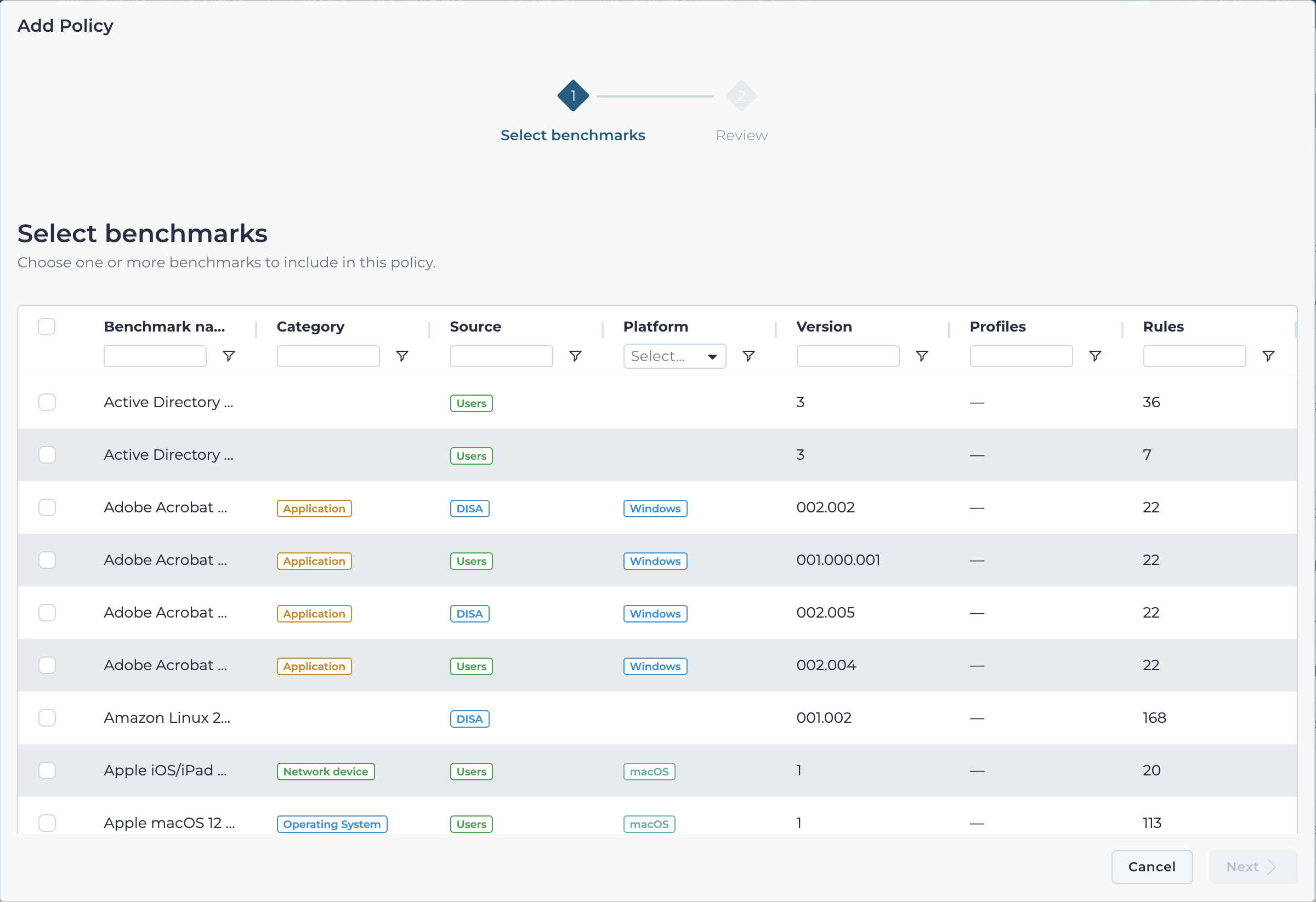 Select benchmarks step of the add policy wizard