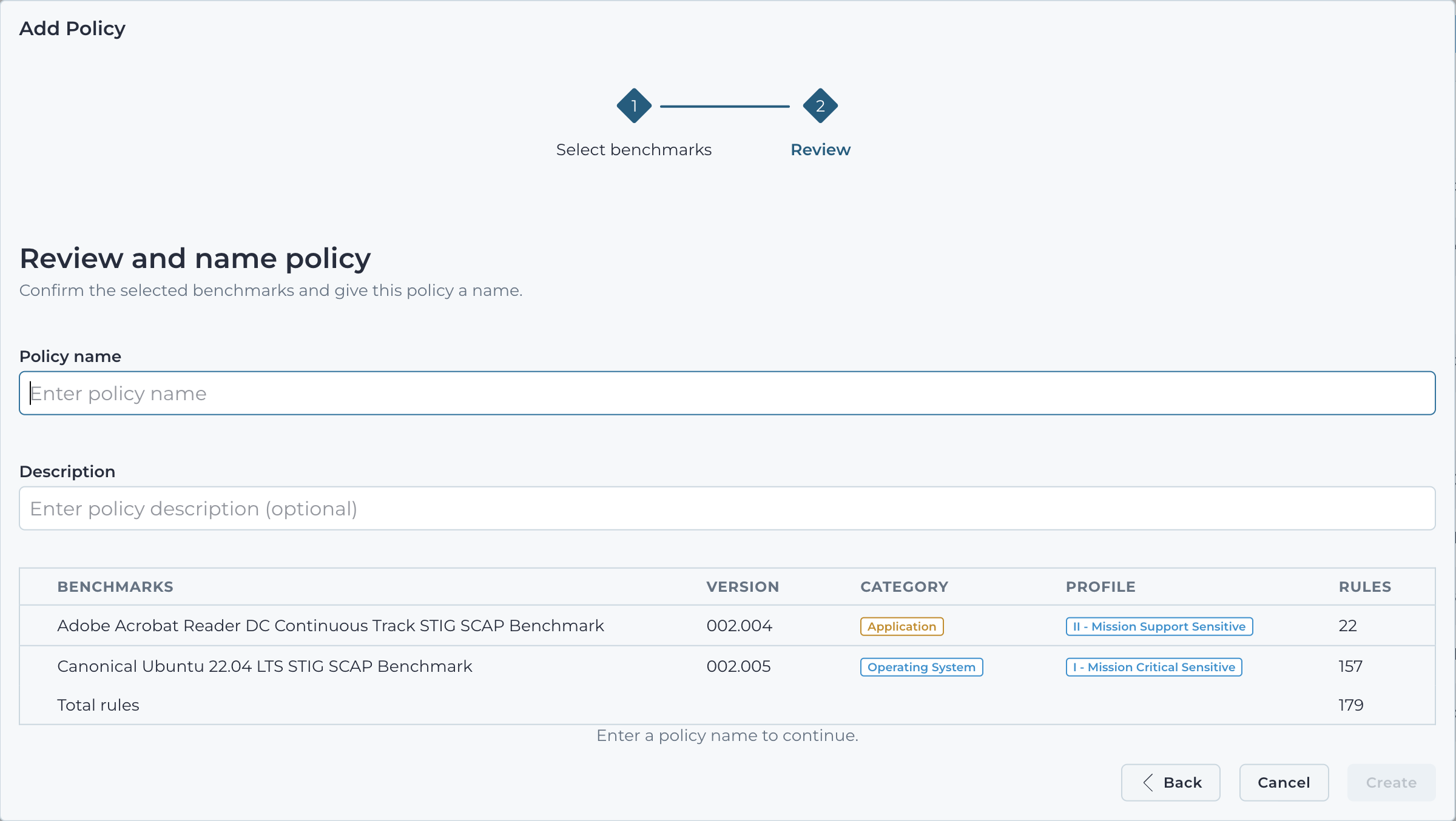 Review step of the add policy wizard