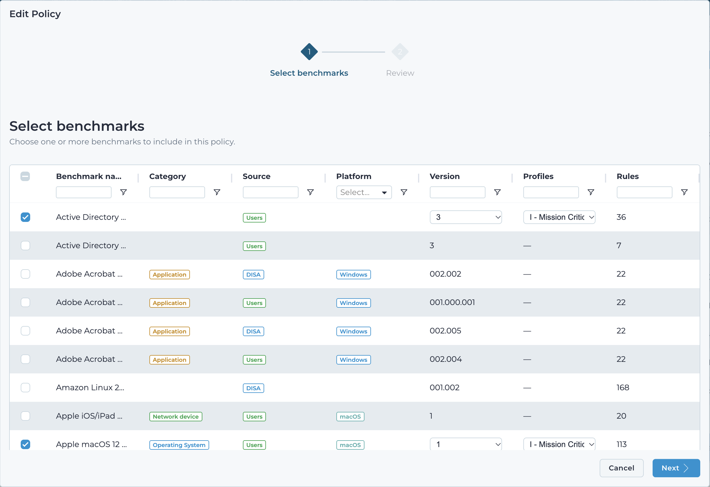 Select benchmarks step of the edit policy wizard pre-populated with the current benchmarks