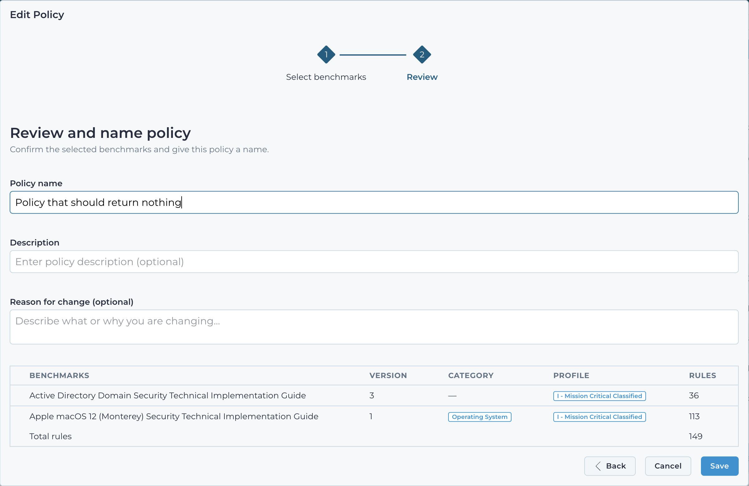 Review step of the edit policy wizard