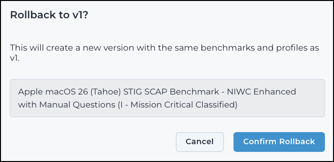 Rollback confirmation dialog showing the benchmarks and profiles included in the restored version
