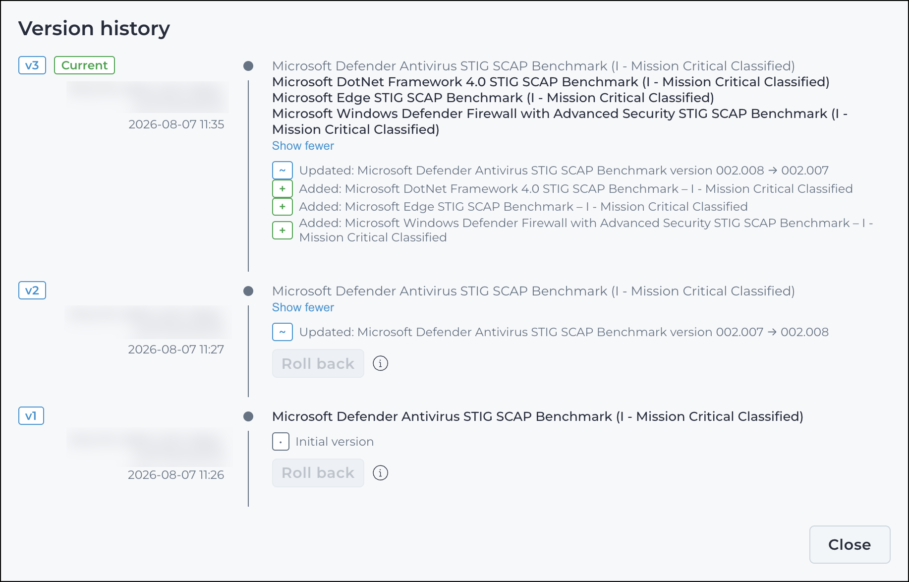 Version history dialog listing versions with a structured change list and a roll back button on non-current versions