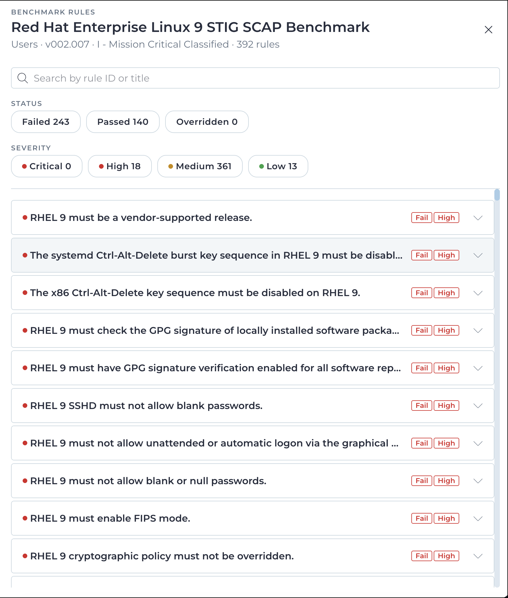 Benchmark rules panel listing rule results with status and severity filters
