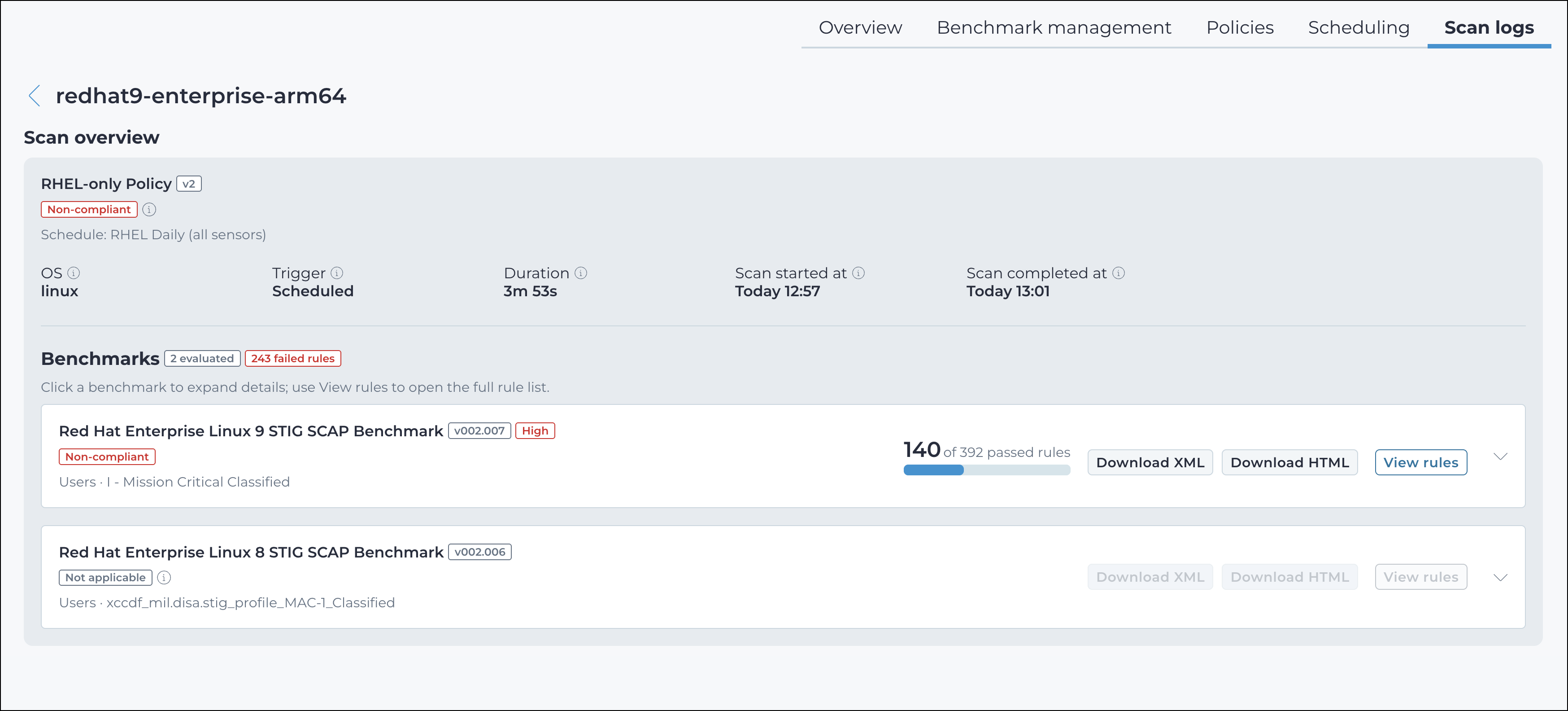 Scan overview and benchmarks sections of a scan log entry
