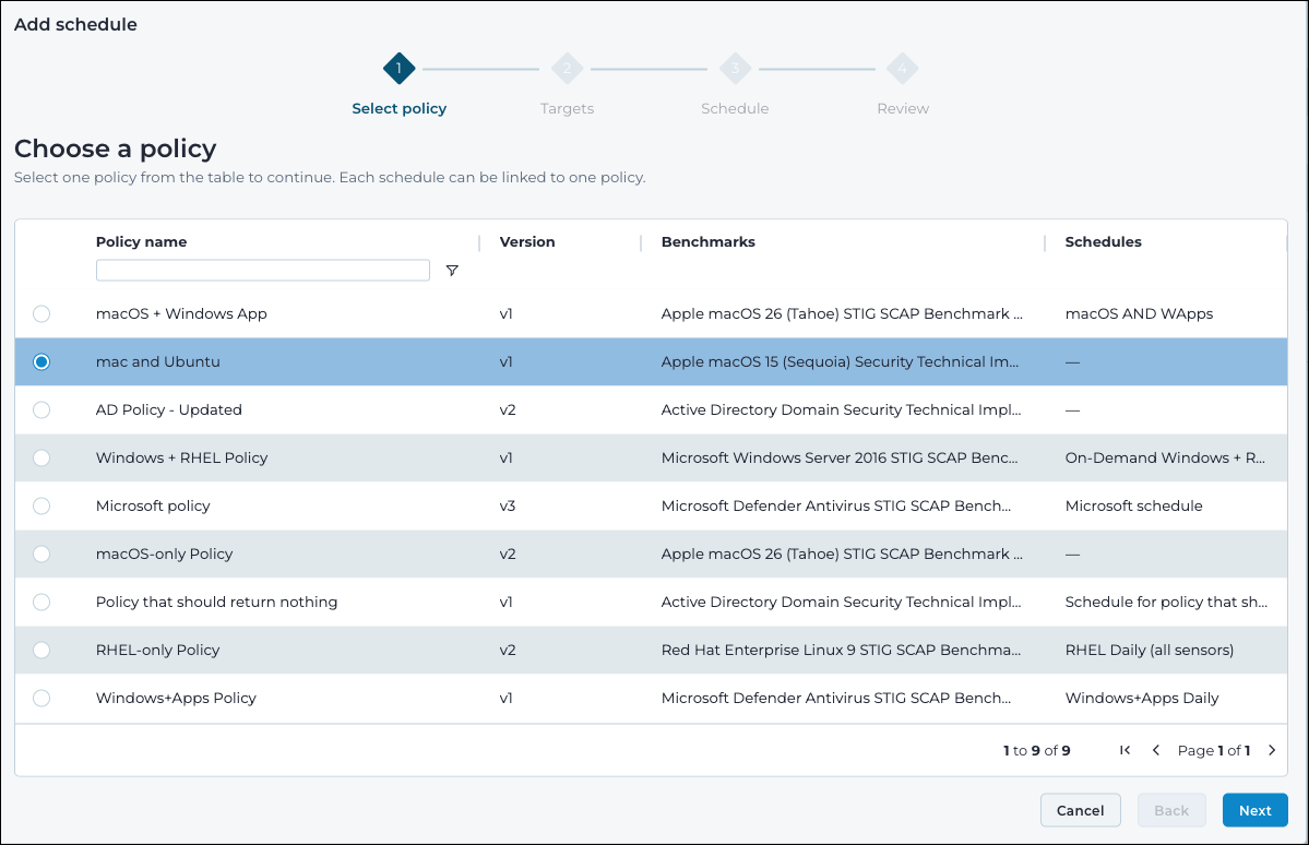 Select policy step of the Add schedule wizard