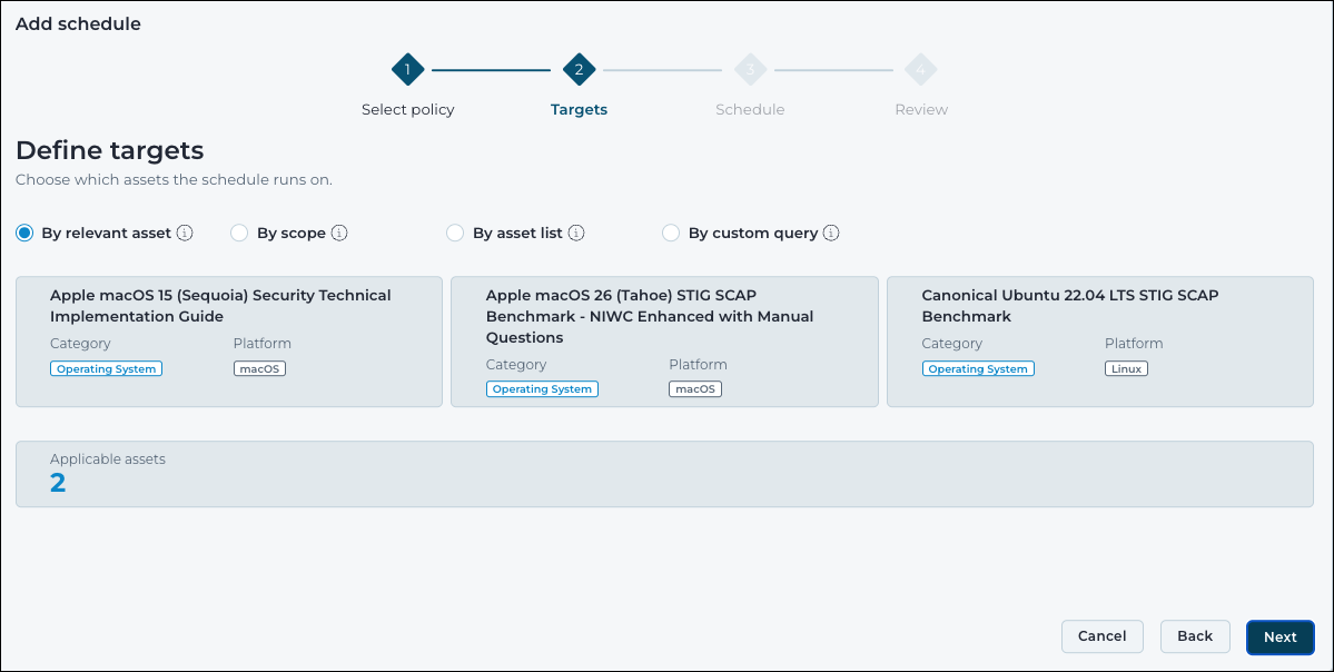 Targets step of the Add schedule wizard showing the by relevant asset mode