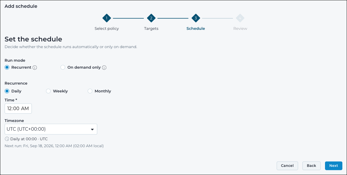 Schedule step of the Add schedule wizard showing a daily recurrence with time timezone and a next run preview