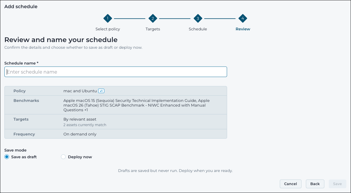 Review step of the Add schedule wizard showing the schedule summary table