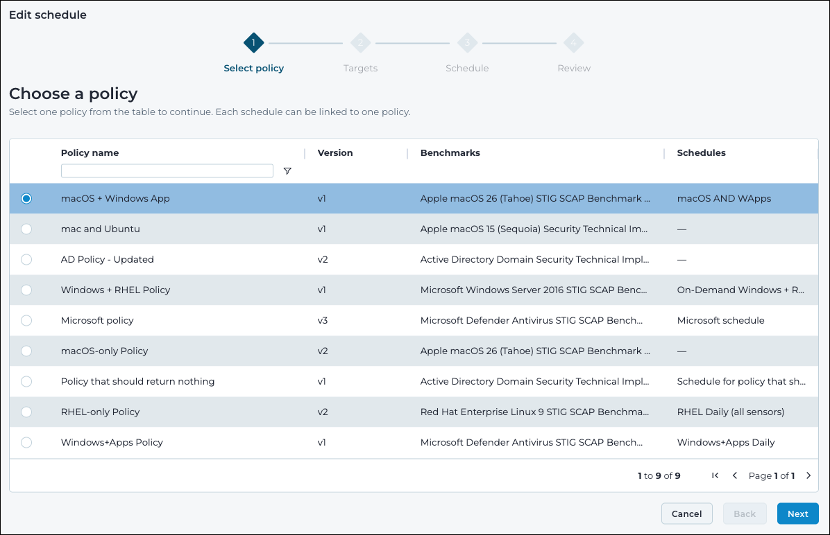 Select policy step of the edit schedule wizard pre-populated with the current policy