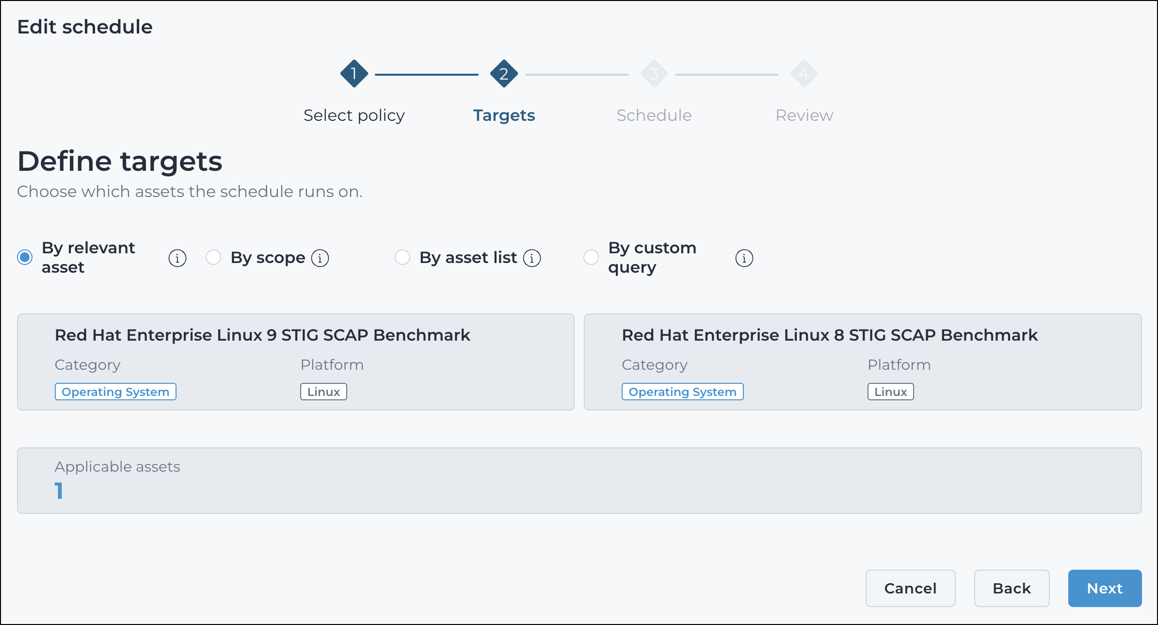 Targets step of the edit schedule wizard showing the by relevant asset mode