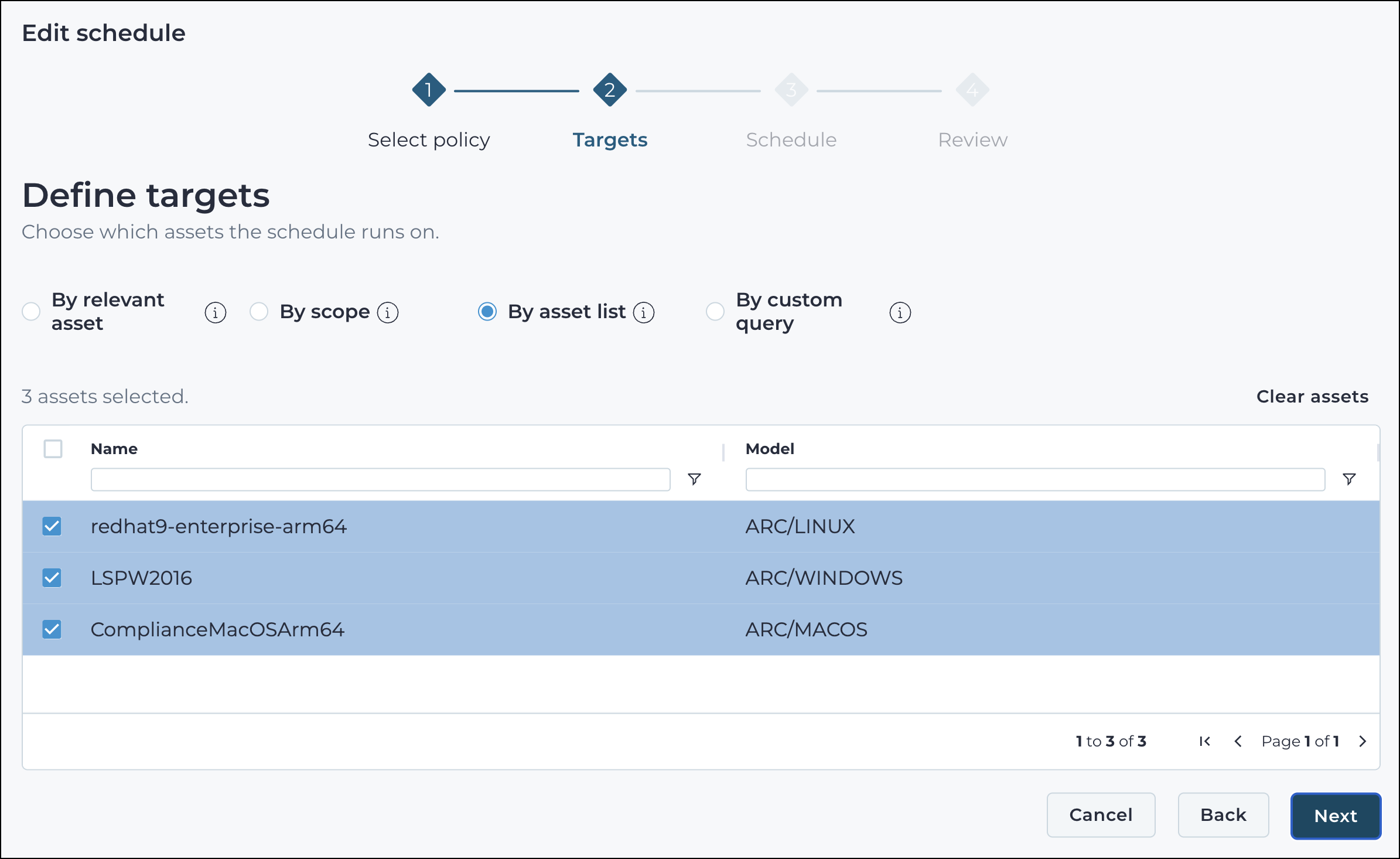 Targets step of the edit schedule wizard showing the by asset list mode with assets selected