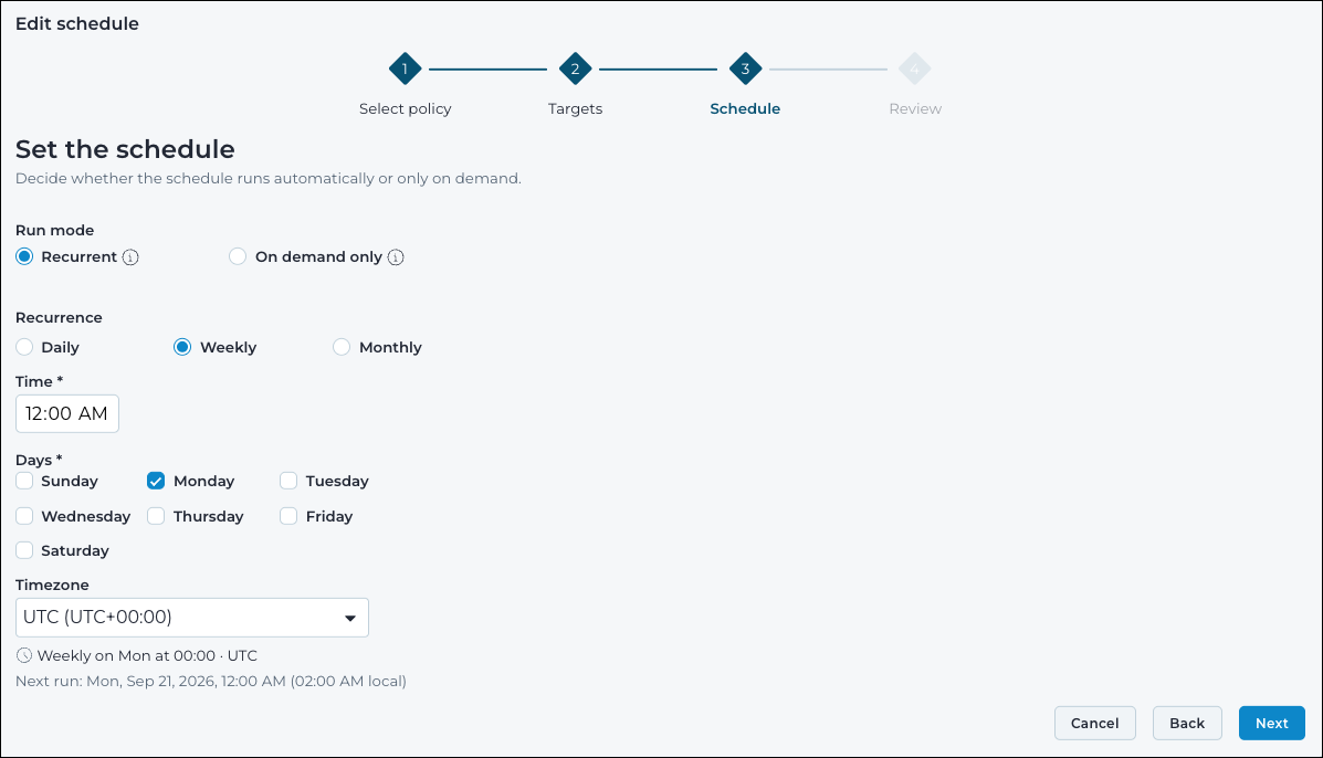 Schedule step of the edit schedule wizard showing a weekly recurrence with a selected day and a next run preview
