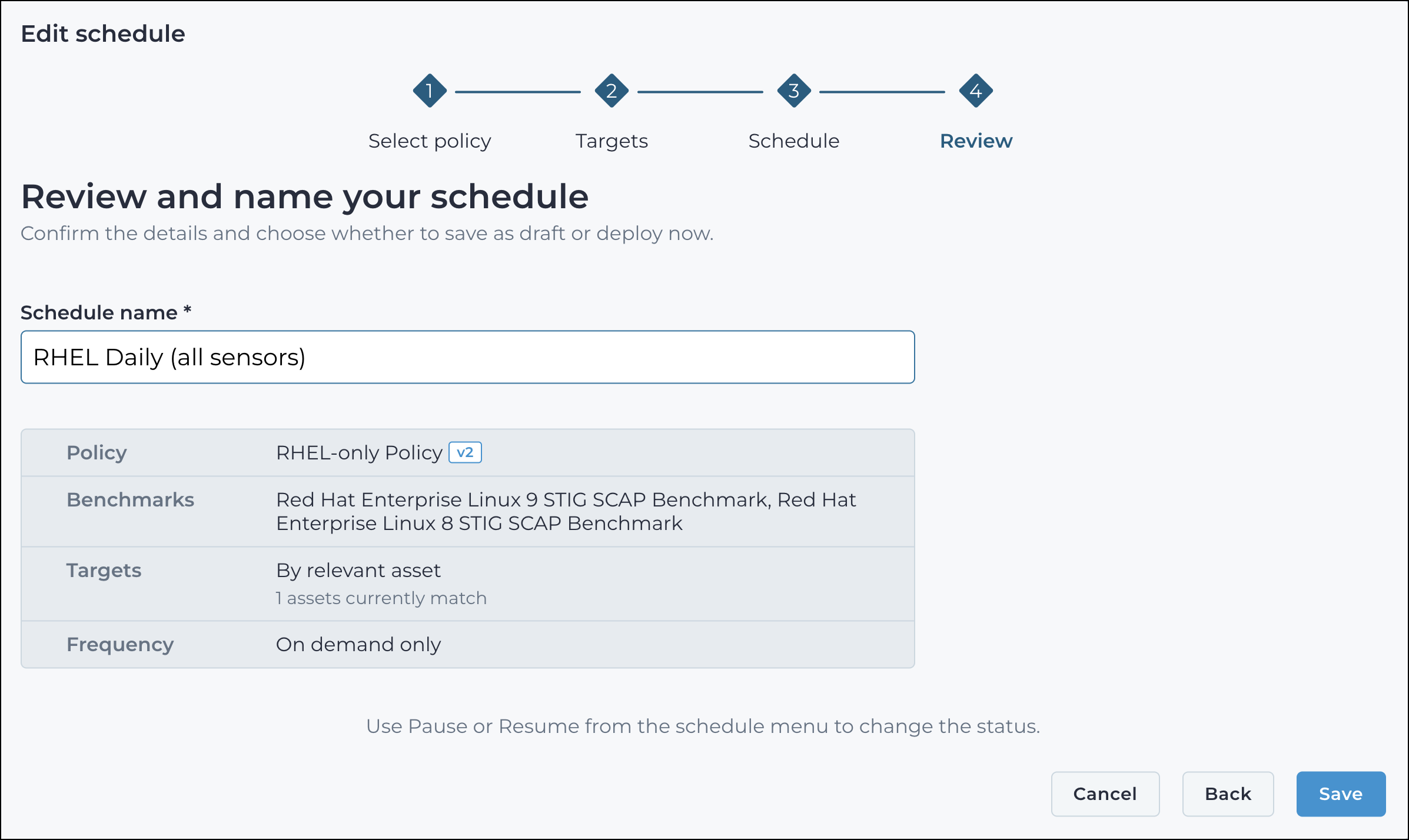 Review step of the edit schedule wizard showing the schedule summary table